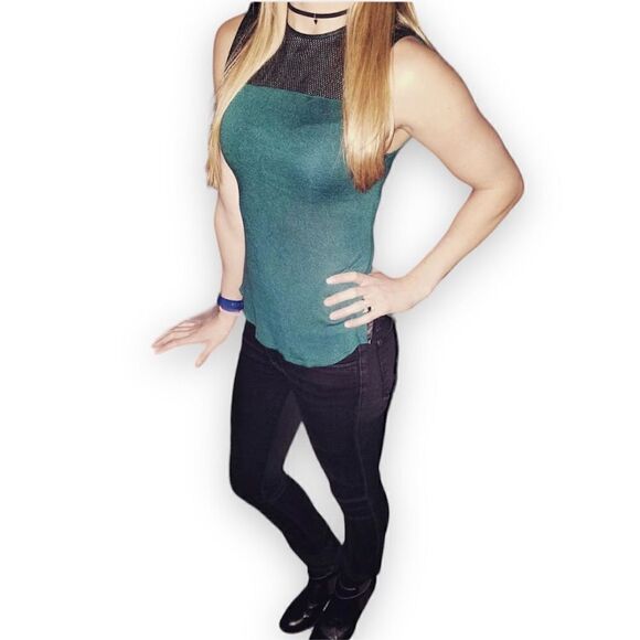 TWENTY Montreal Color Block Dark Green Black Leather Trim Sleeveless Knit Top S - Picture 1 of 11
